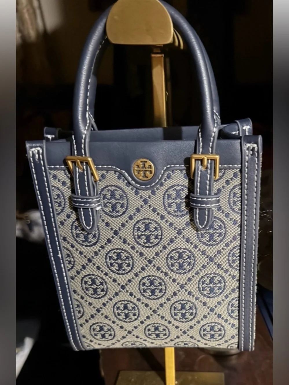 Tory Burch T Monogram Jacquard Mini Tote, featuring a structured blue and cream.